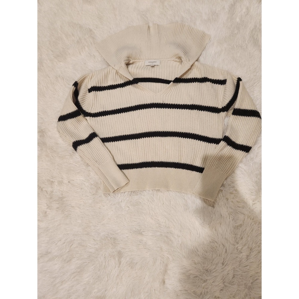 Banana Republic Striped Sailor Collar V-Neck Sweater Cream Navy Blue XS
